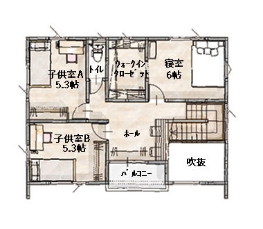 オフィスHanako 住むほどに味わい深い住まい無垢床の心地よいおうちの間取り図（3LDK）2階