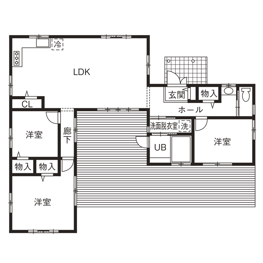 シスクホーム 【平屋/輸入住宅/中庭/暖炉/愛犬と暮らす】四季の移ろいを感じる暮らしを。軽井沢の空気を感じての間取り図（3LDK）1階