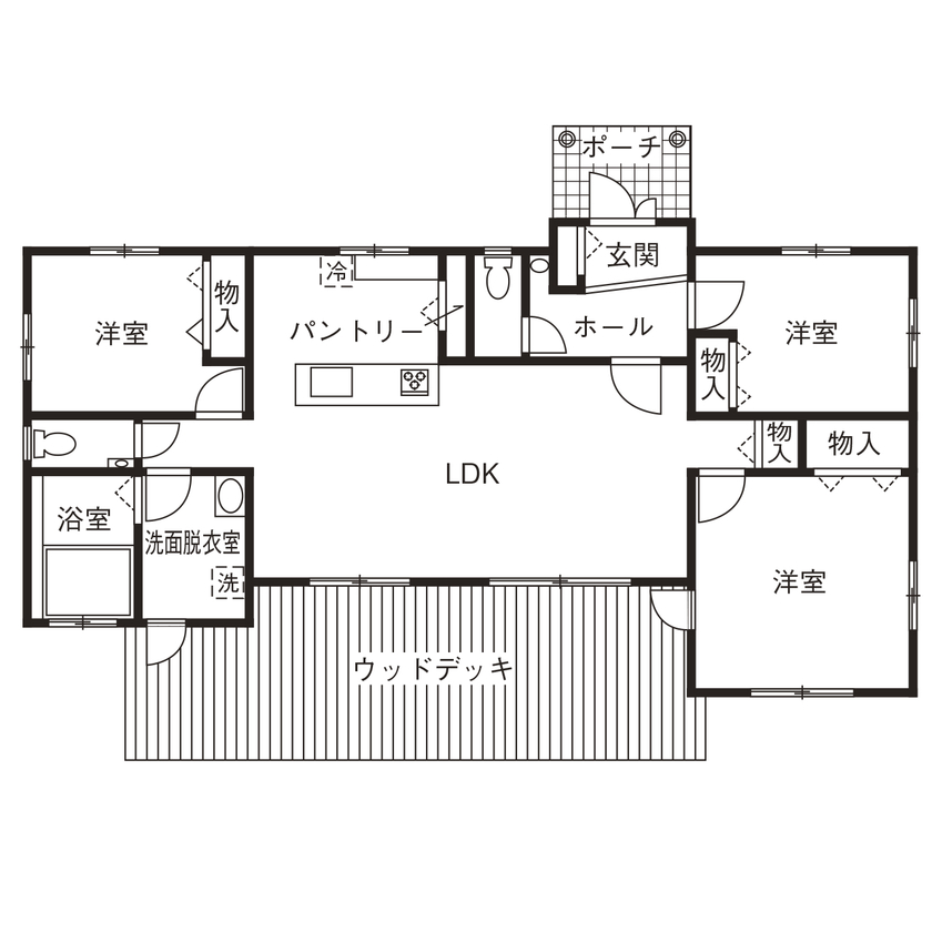 シスクホーム 【平屋/1000万円台/輸入住宅/ウッドデッキ/窓のあるロフト】美しいブルーのアメリカンテイストの家の間取り図（3LDK）1階