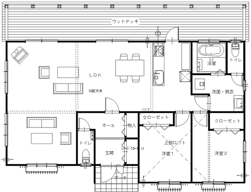 シスクホーム 【平屋/高気密・高断熱/ウッドデッキ/薪ストーブ】鳥のさえずりを聞きながら、木々の中で過ごす家の間取り図（2LDK）１階