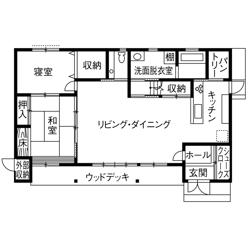 やすら木ほーむ（五藤社寺建設） 【一宮市×無垢材×漆喰壁×1階寝室】自然素材にこだわって建てた「半平屋スタイルの家」の間取り図（4LDK）1階