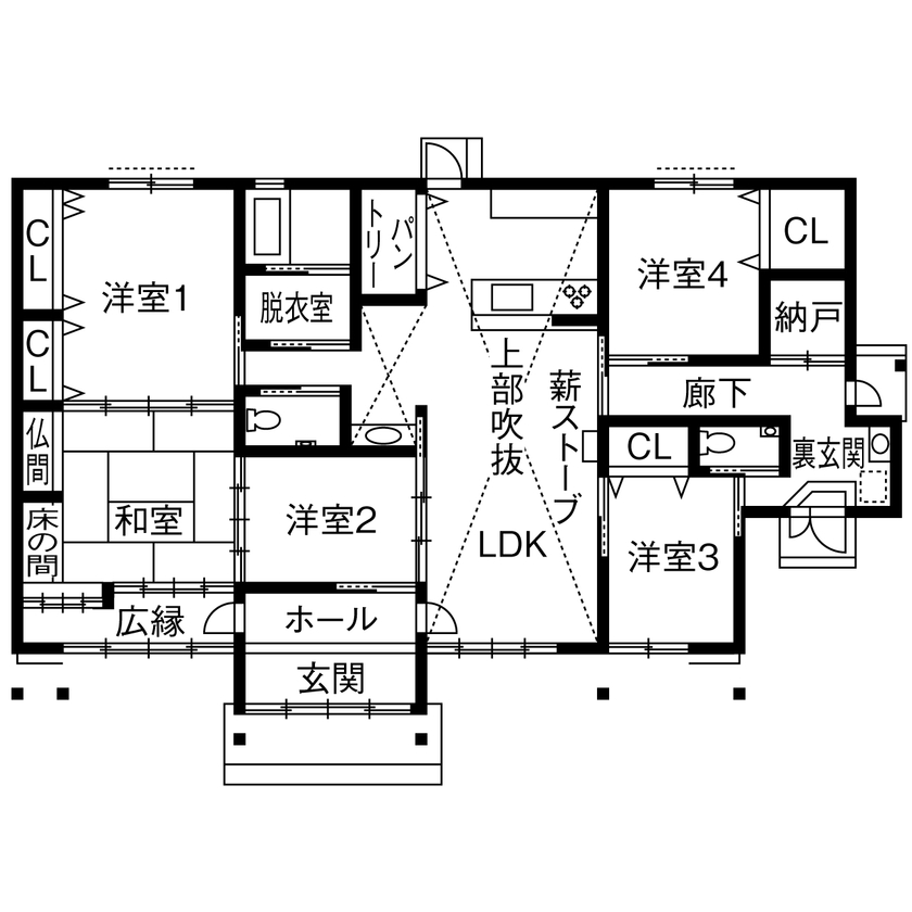 やすら木ほーむ（五藤社寺建設） 【大垣市×無垢材×漆喰壁×遮熱シート×薪ストーブ】むくり屋根が彩る宮大工が建てる料亭テイストの平屋の間取り図（5K以上）1階