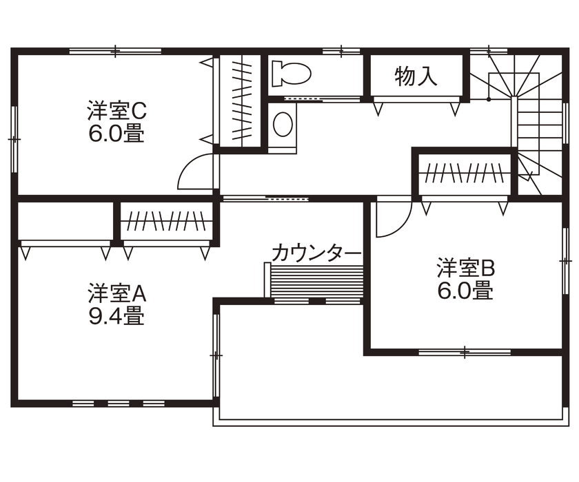 ファイブイズホーム 【坪単価61.5万円】小上がり畳スペース/1階に大容量ウォークインクローゼットを設置し収納にこだわったお家の間取り図（3LDK）2階