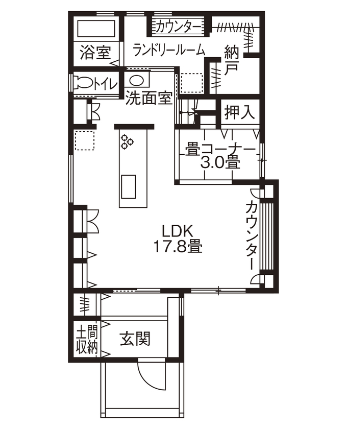 ファイブイズホーム 【坪単価50.4万円】キッチンを中心にしたLDK。緩やかに家事スペースと寛ぎ空間をゾーニングした住まいの間取り図（4LDK）1階