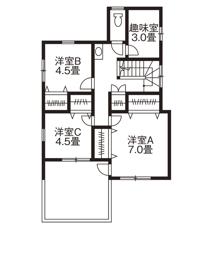 ファイブイズホーム 【坪単価50.4万円】キッチンを中心にしたLDK。緩やかに家事スペースと寛ぎ空間をゾーニングした住まいの間取り図（4LDK）2階