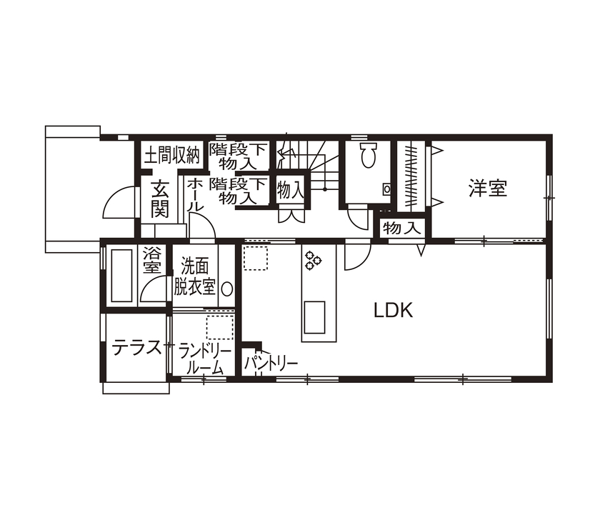 ファイブイズホーム 【坪単価53.8万円】家族全員がゆるくつながる暮らし　リビングに家族が集うお家の間取り図（4LDK）1階
