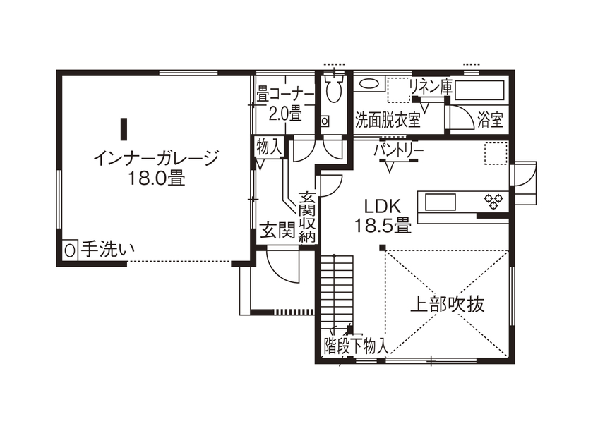 ファイブイズホーム 【坪単価60.0万円】吹き抜けと畳コーナーがあるリビングで、家族がくつろぐ住まいの間取り図（3LDK）1階