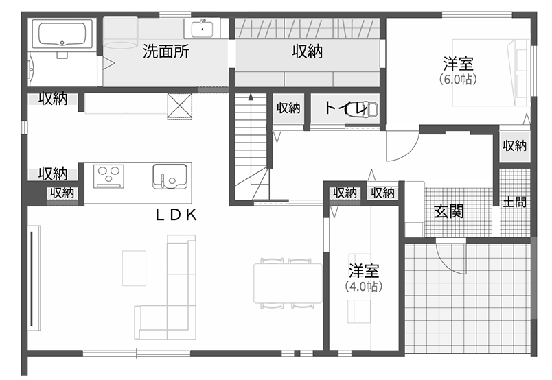 ファイブイズホーム 【坪単価64万円】吹抜け×化粧梁で開放的なリビング。ワンフロア完結のホテルライクな住まいの間取り図（4LDK）1階