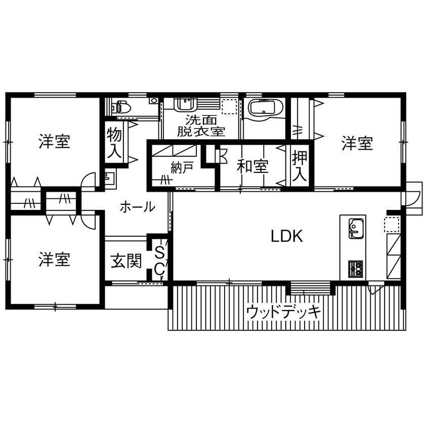 システムホーム 【3000万円台／平屋／間取図】深い軒とウッドデッキで外とつながる。和×ナチュラルフレンチモダンの住まいの間取り図（4LDK+納戸）1階