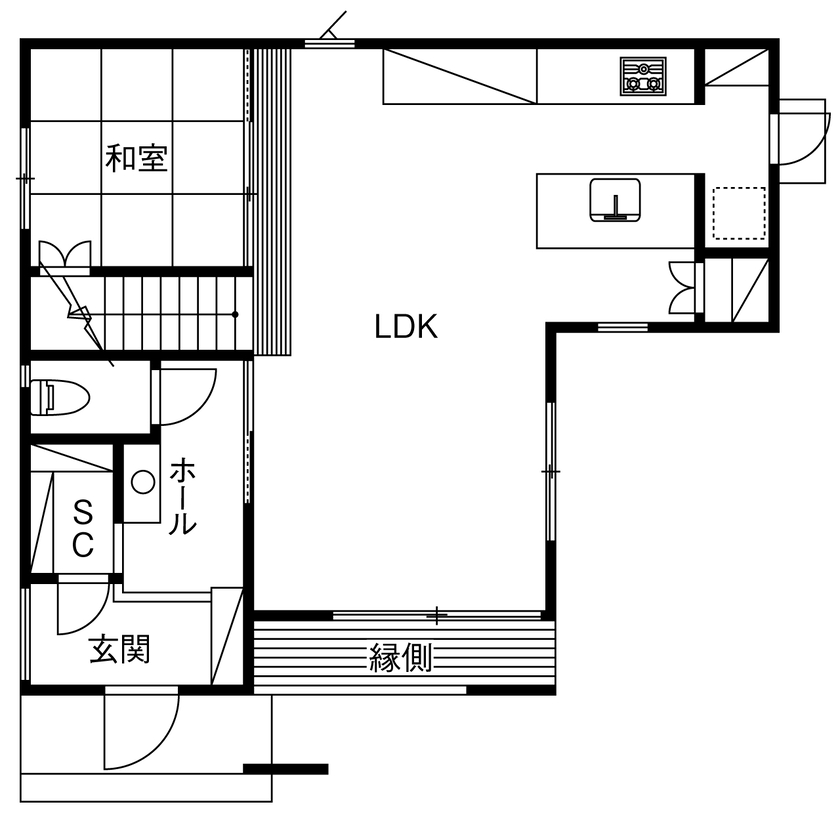 システムホーム 【家事動線／収納充実／間取図】「ジャパンディ（和風＋北欧スタイル）」のインテリアで居心地のよい住まいの間取り図（3LDK+小屋裏）1階