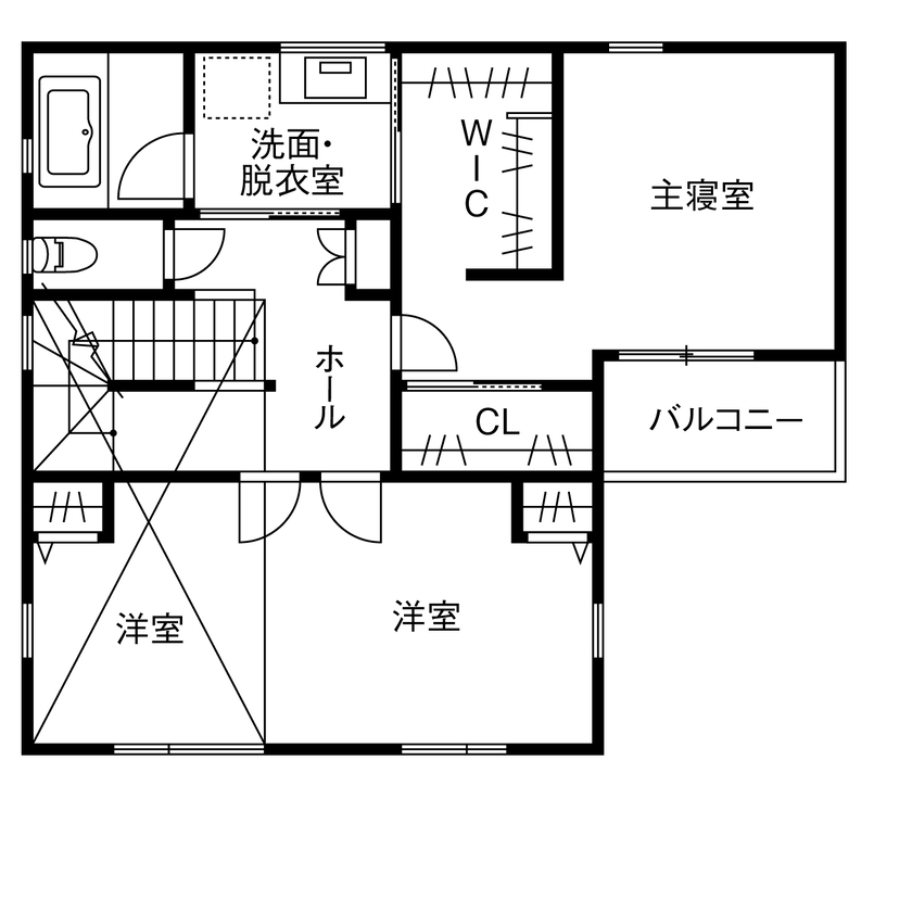 システムホーム 【家事動線／収納充実／間取図】「ジャパンディ（和風＋北欧スタイル）」のインテリアで居心地のよい住まいの間取り図（3LDK+小屋裏）2階