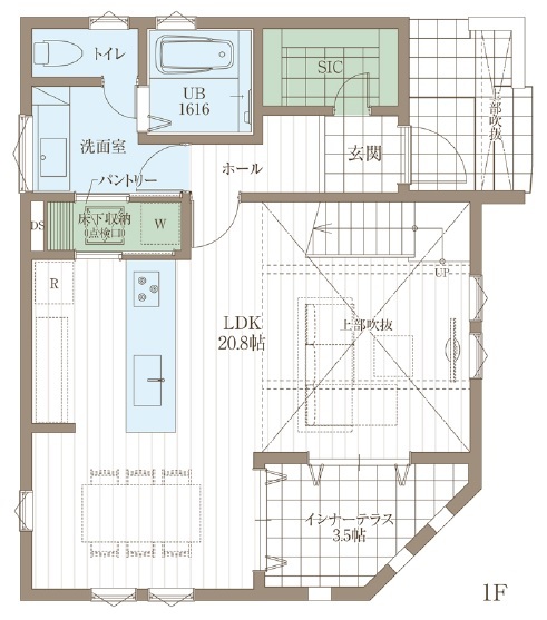ジェネシス 【UA値0.55/2000万円台/31.4坪】狭小地で設計の工夫が光る。北欧スタイルで統一された心地よいZEH仕様住宅の間取り図（3LDK）1階