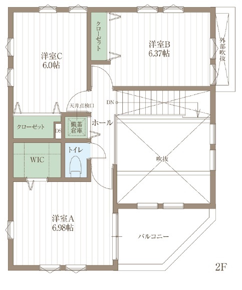 ジェネシス 【UA値0.55/2000万円台/31.4坪】狭小地で設計の工夫が光る。北欧スタイルで統一された心地よいZEH仕様住宅の間取り図（3LDK）2階