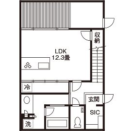 ジェネシス 【延床28坪・1945万円】パティオから光を入れた明るいLDK。窓を極限まで減らした大胆なデザインの間取り図（3SLDK）1階