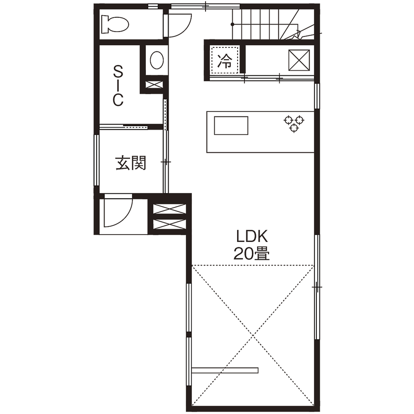 ジェネシス 【延床27.2坪/間取り図/狭小/吹き抜け/屋上/3階建て】憧れの輸入キッチンが映える開放的な広々リビングの家の間取り図（3LDK）1階