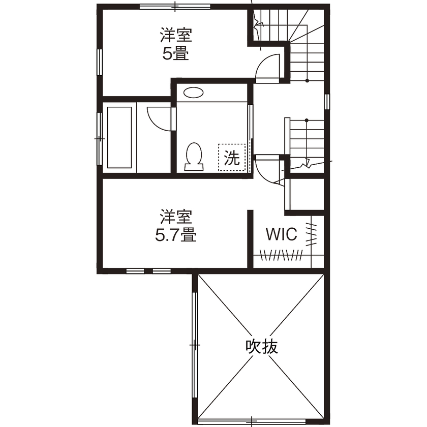 ジェネシス 【延床27.2坪/間取り図/狭小/吹き抜け/屋上/3階建て】憧れの輸入キッチンが映える開放的な広々リビングの家の間取り図（3LDK）2階