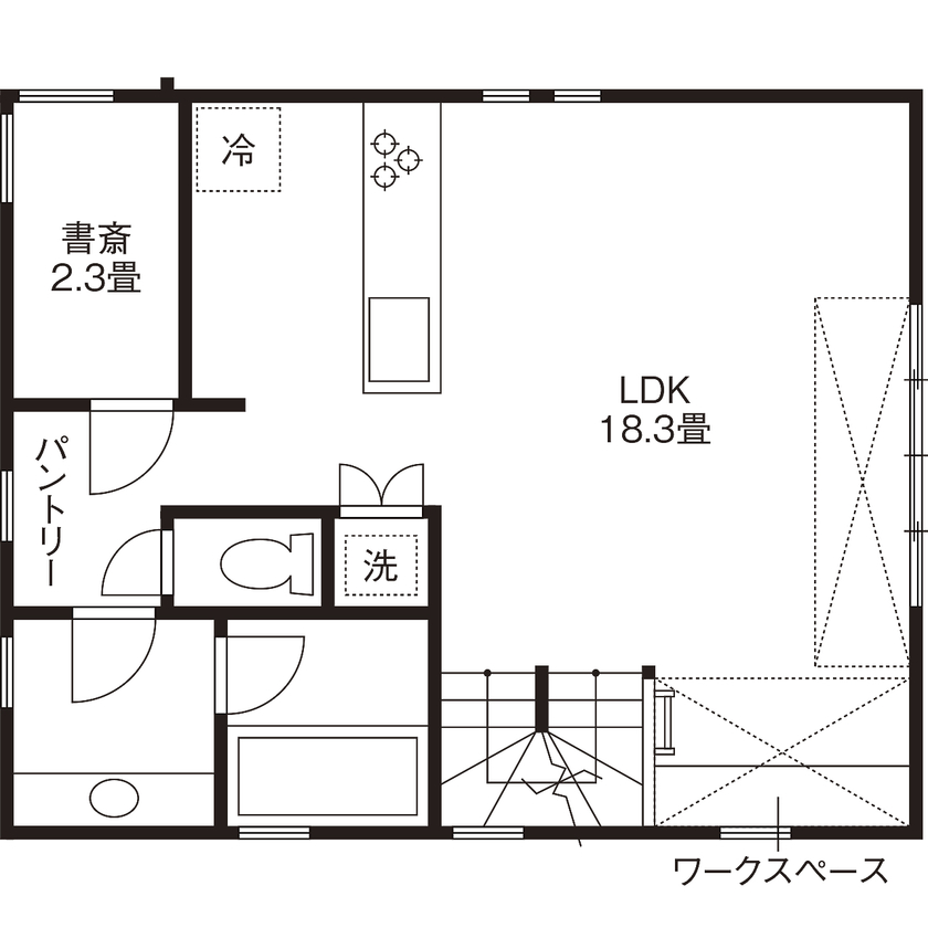 ジェネシス 【間取り有】狭小・旗竿地に欲しいものをぎゅっと詰めて。家族が集まる、クールな２階LDKの家の間取り図（3LDK）2階