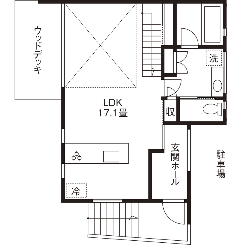 ジェネシス 【3100万円台/延床25.9坪/SE構法/間取り図】ウッドデッキにつながる窓と吹抜けのある明るいLDKの家の間取り図（3LDK）1階