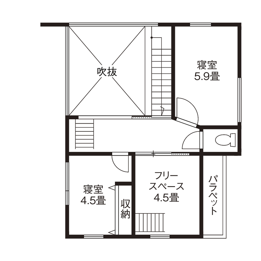 ジェネシス 【3100万円台/延床25.9坪/SE構法/間取り図】ウッドデッキにつながる窓と吹抜けのある明るいLDKの家の間取り図（3LDK）2階