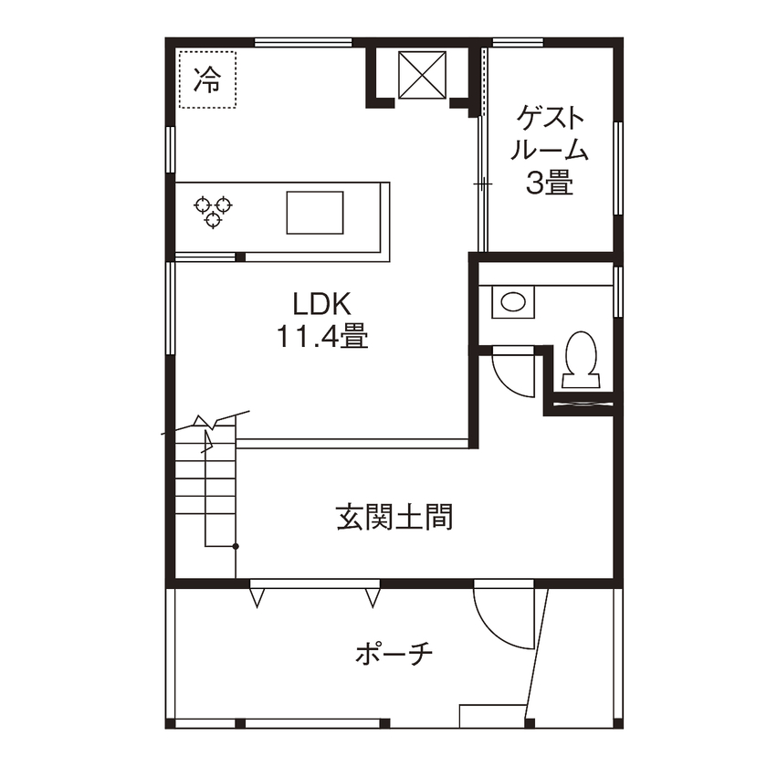 ジェネシス 【間取り有】キャンプ、バイク、アメリカ雑貨。広い土間と籠り感のあるリビング。愛犬と暮らす楽しい家の間取り図（2LDK＋S）1階