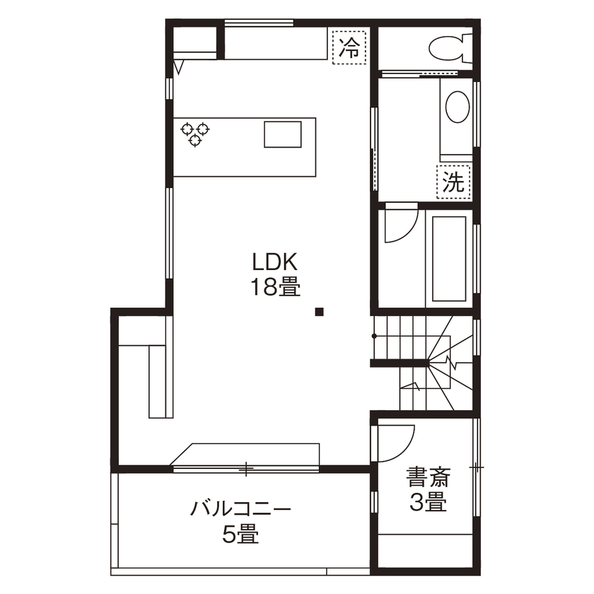ジェネシス 【C値0.4/UA値0.54/間取り有】旗竿地に立つクールな黒い家。2階LDKは、緑と季節を感じる居心地のいい場所の間取り図（2LDK）2階