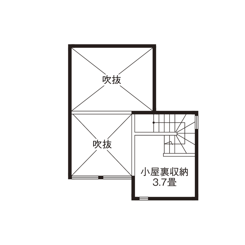 ジェネシス 【C値0.4/UA値0.54/間取り有】旗竿地に立つクールな黒い家。2階LDKは、緑と季節を感じる居心地のいい場所の間取り図（2LDK）小屋裏