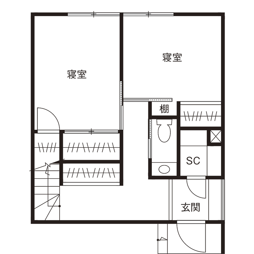 ジェネシス 【2000万円台/土地20坪/延床23.3坪/狭小/間取り図】狭い土地の小さな家。2階リビングでおしゃれな実例の間取り図（2LDK）1階
