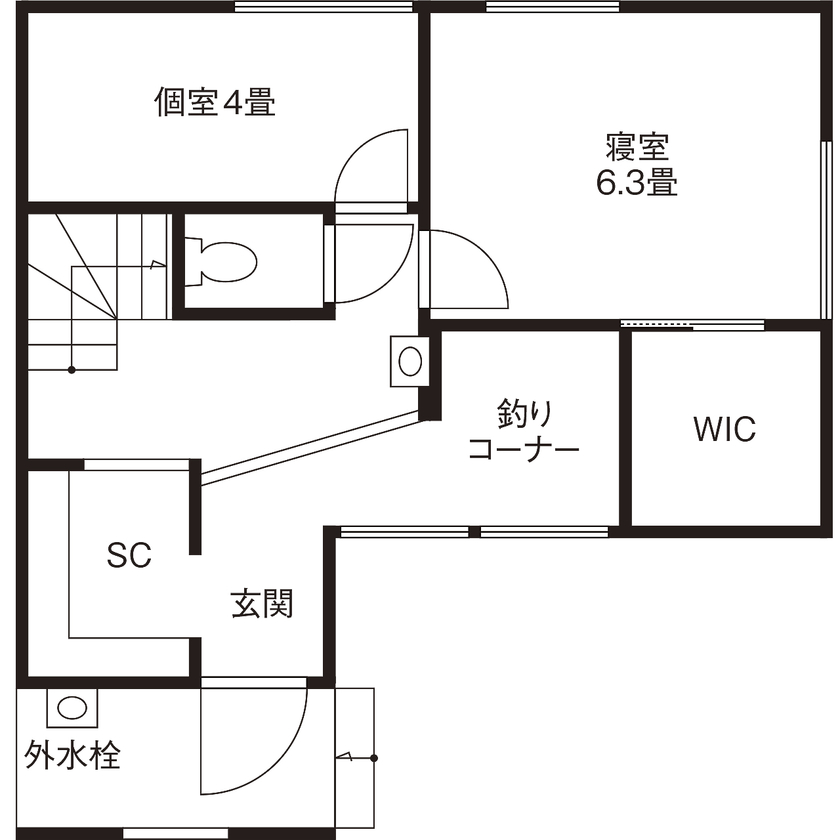 ジェネシス 【UA値0.48/C値0.4/34.1坪/間取り有】「釣り」を楽しむ家づくり。趣味を楽しむ暮らしと空間を彩る木の住宅の間取り図（2LDK）1階