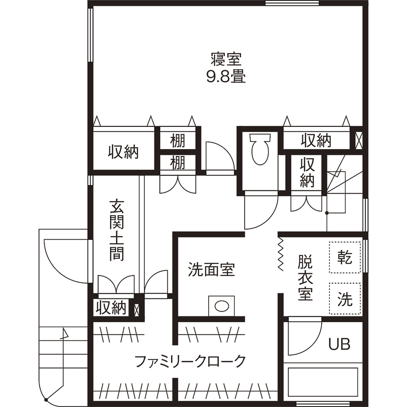 ジェネシス 【UA値0.46/C値0.6/間取り有/32.5坪】友人の建築士も交えてチームで実現。環境に配慮した省エネ・ZEH住宅の間取り図（1LDK）1階