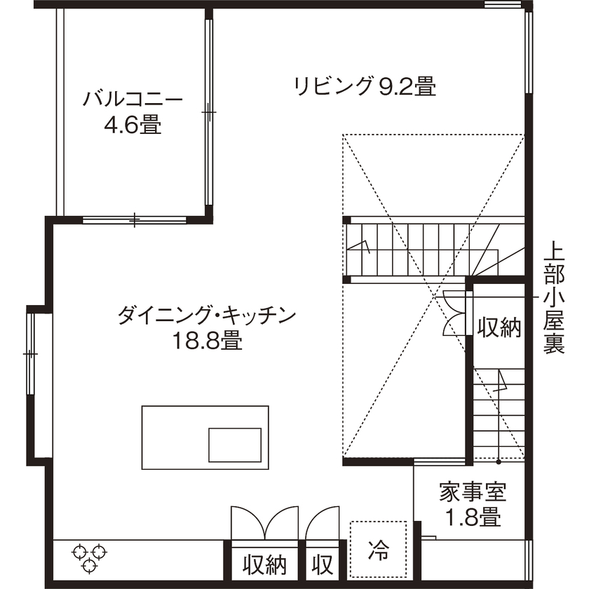 ジェネシス 【UA値0.46/C値0.6/間取り有/32.5坪】友人の建築士も交えてチームで実現。環境に配慮した省エネ・ZEH住宅の間取り図（1LDK）2階
