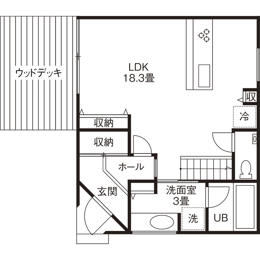 ジェネシス 【延床27.6坪・高断熱】私道の奥に現れるエッジの効いた外観。デザインありきで設計したクールで快適な家の間取り図（3LDK）1階