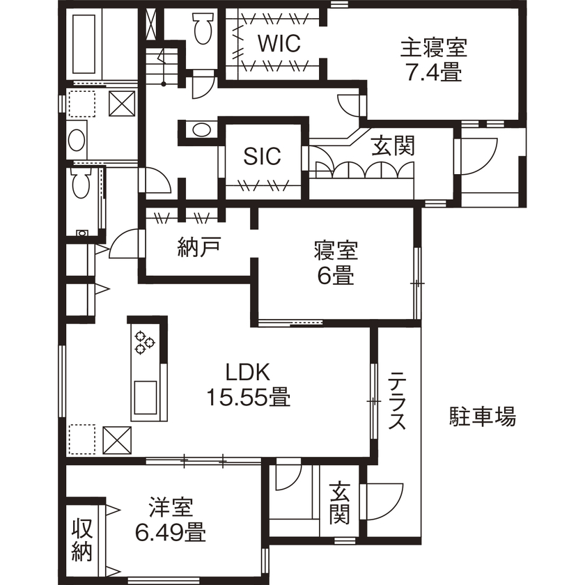 ジェネシス 【２世帯/高断熱】室内から行き来できる距離感が安心。完全分離型の２世帯住宅の間取り図（3LDK+3LDK）1階