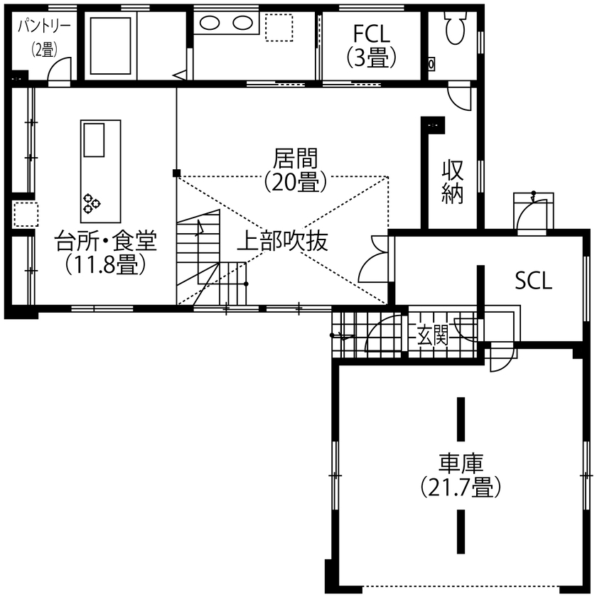 小林住工 【北広島／ビルトインガレージ／吹抜け／フリースペース】ダイナミックな吹抜けも、付加断熱工法で冬も快適！の間取り図（4LDK）1階