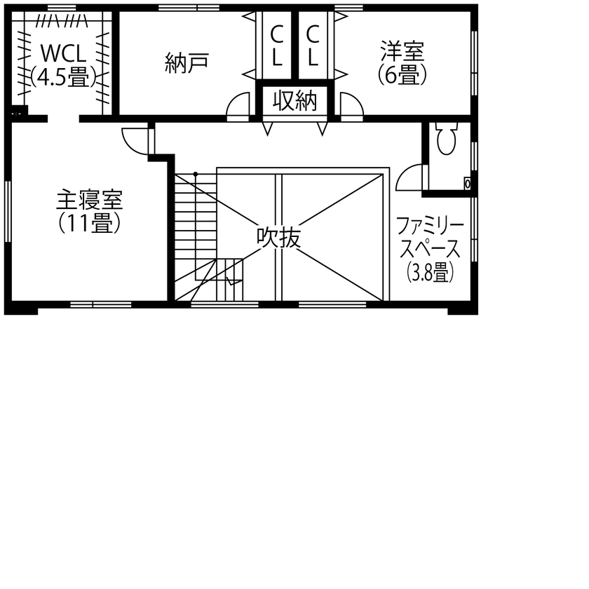 小林住工 【北広島／ビルトインガレージ／吹抜け／フリースペース】ダイナミックな吹抜けも、付加断熱工法で冬も快適！の間取り図（4LDK）2階