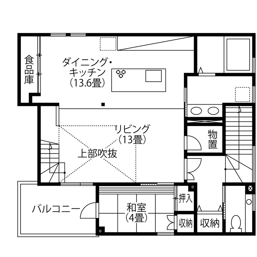 小林住工 【ビルトインガレージ／吹抜け／３階建て】職人技で、ホテルライクの「ライク」を超えた住まいが誕生の間取り図（4LDK+納戸）2階