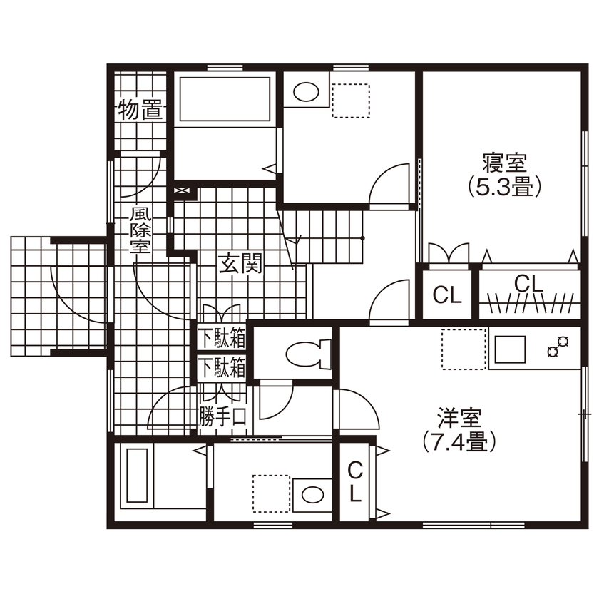 小林住工 【小樽市/2階リビング/レンガ/らせん階段】小樽の街並みや海の景色を存分に楽しめるレンガの家の間取り図（3LDK）1階