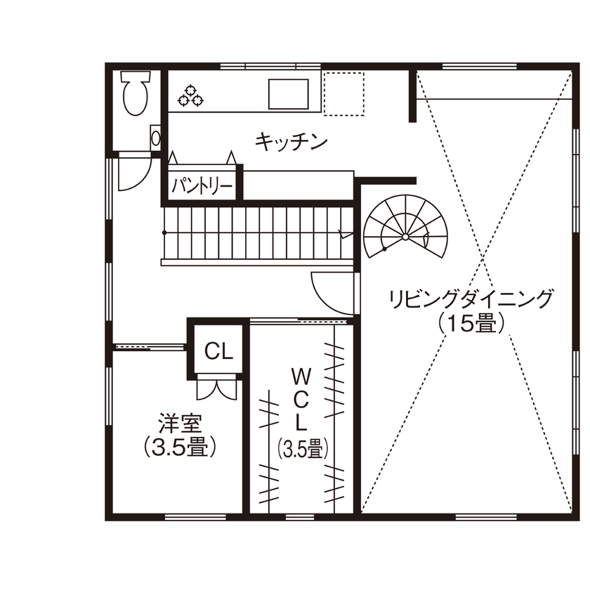 小林住工 【小樽市/2階リビング/レンガ/らせん階段】小樽の街並みや海の景色を存分に楽しめるレンガの家の間取り図（3LDK）2階