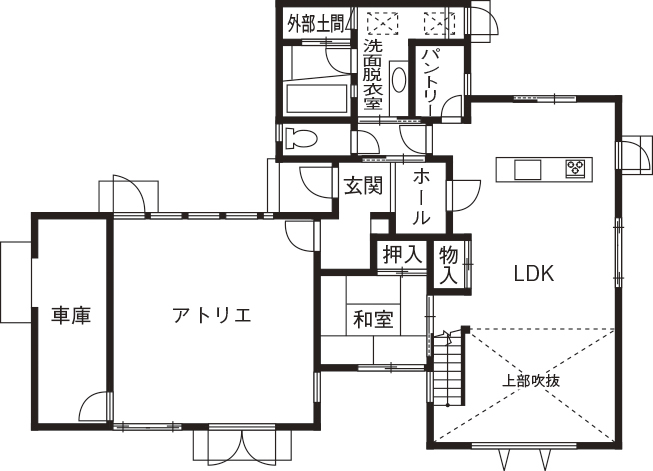 NASUホーム/那須土木 【間取り図有/54坪/3400万円】木漏れ日や小鳥の来訪を楽しむ　フルオープンの窓で庭とつながる家の間取り図（4LDK）1階