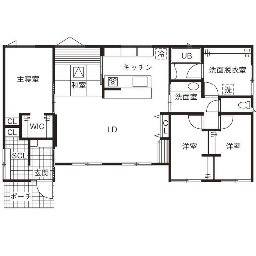 NASUホーム/那須土木 感性に響く、寛ぎと安らぎを住まいに。県北の四季を快適に暮らす高い性能と心地よいデザインを両立した平屋の間取り図（3LDK）1階