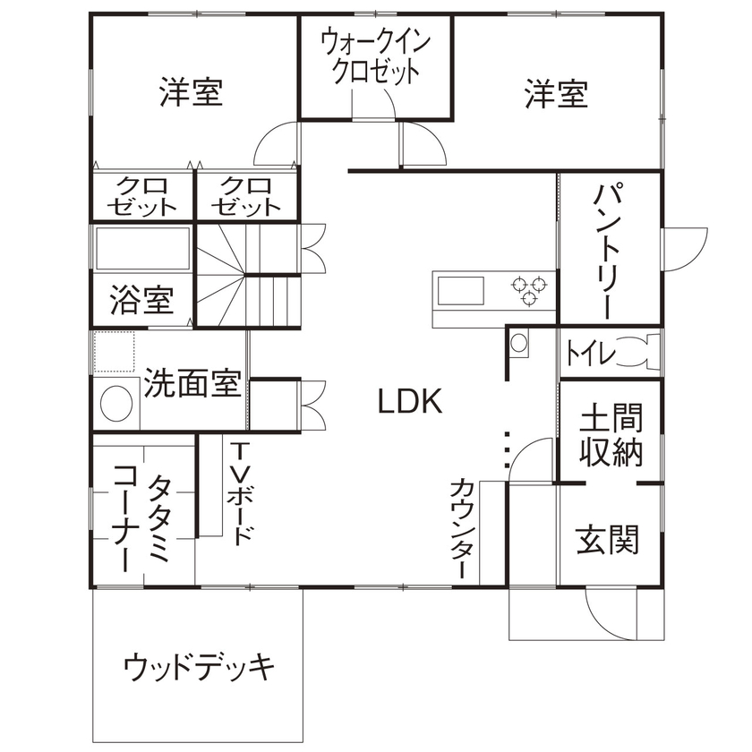 のこのこのいえ 【1000万円台/30坪/ロフト】可愛い平屋実例♪子育てしやすく、住みやすい可変性ある間取りと開放感に感激！の間取り図（2LDK）1階