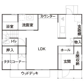 のこのこのいえ 【三重/間取図/35坪/ローコスト】景色が楽しめるインナーバルコニー!1000万円台で叶えたおしゃれな2階建ての間取り図（3LDK）1階