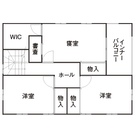 のこのこのいえ 【三重/間取図/35坪/ローコスト】景色が楽しめるインナーバルコニー!1000万円台で叶えたおしゃれな2階建ての間取り図（3LDK）2階