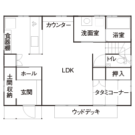 のこのこのいえ <１０００万円台｜間取り図有>家事動線と広々ＬＤＫが実現！造作家具とこだわりインテリアがおしゃれな家の間取り図（3LDK）１階