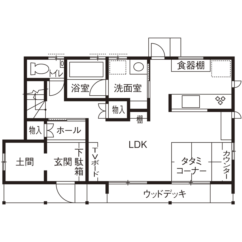 のこのこのいえ 【1600万円台｜間取り図有】畳のあるLDKは気楽に寝転べて幸せ。手づくり家具も叶った！土間収納のある実例の間取り図（3LDK）1階