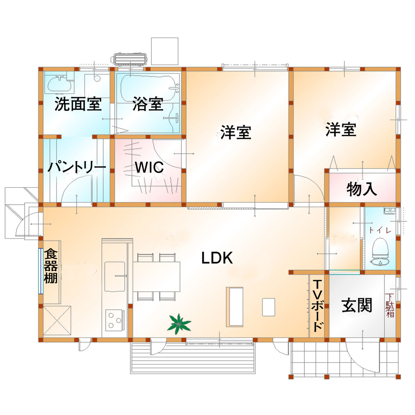 のこのこのいえ 【1320万円×20坪｜小さな平屋】変形地で駐車場3台を叶えた平屋。無垢に包まれた空間は想像以上に広々！の間取り図（２LDK+WIC）1階