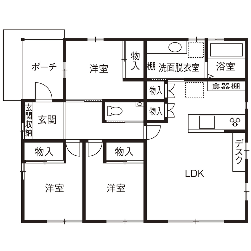 のこのこのいえ 【1000万円台×23坪×可愛い平屋｜間取り図あり】大型犬と過ごせる勾配天井のLDK 、３つの独立した洋室も！の間取り図（3LDK）１階