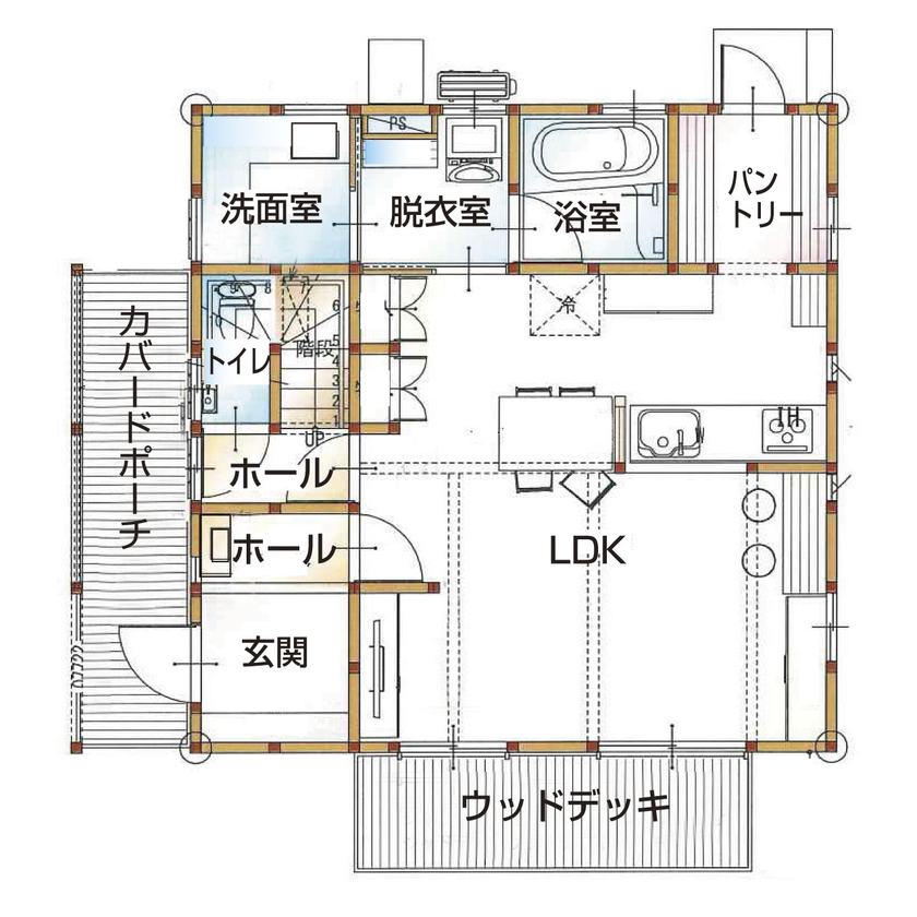 のこのこのいえ 【1000万円台×32坪×可愛い2階建て｜間取り図】白無垢キッチンにたっぷり造作収納、広い庭で子育て満喫！の間取り図（３LDK＋WIC）1階