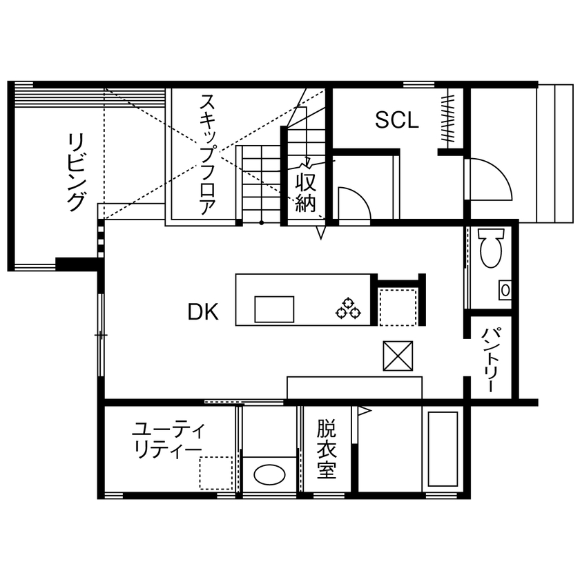 タカノホーム 【2160万円/スキップフロア/間取り図】明るく開放的な吹き抜けと遊び心ある中2階、木の香りに包まれる家の間取り図（3LDK）1階