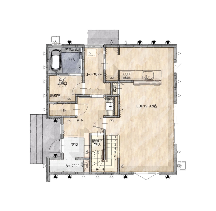 タカノホーム 【富山市/3LDK/35坪/光触媒サイディング/W断熱/制震装置】納得の性能でメンテ費用も家事効率も満足の家の間取り図（3LDK）1階