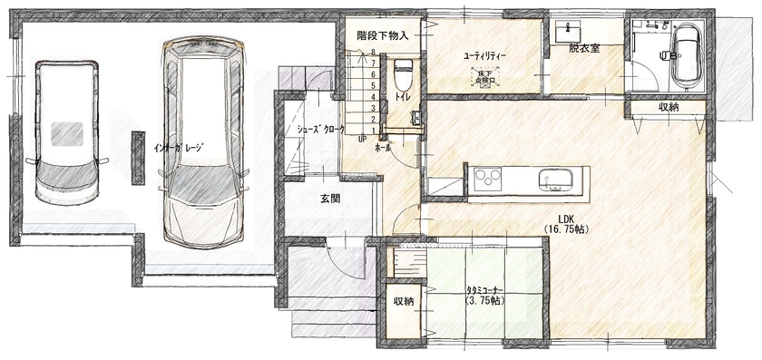 タカノホーム 【2000万円台/40坪台/4LDK/2階建て/間取り図】愛車を2台格納できるインナーガレージがあるこだわりの家の間取り図（4LDK）1階